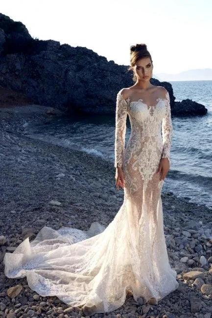 New Long Mermaid Lace Wedding Dresses With Long Sleeves by misshow.com