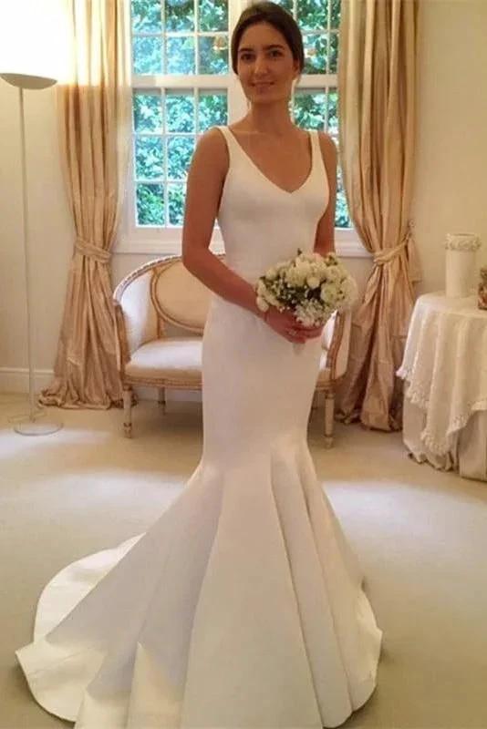 Newest Pretty Mermaid V-neck Sleeveless Simple Backless Elegant Wedding Dresses by misshow.com