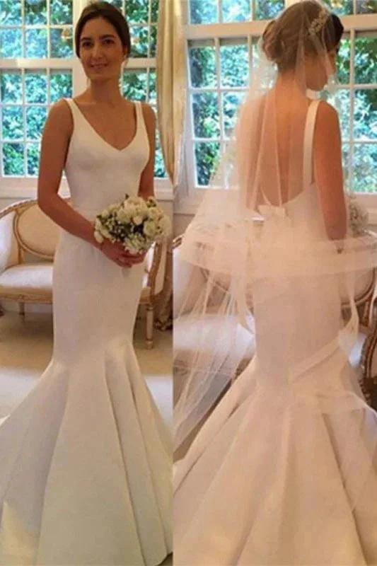 Newest Pretty Mermaid V-neck Sleeveless Simple Backless Elegant Wedding Dresses by misshow.com