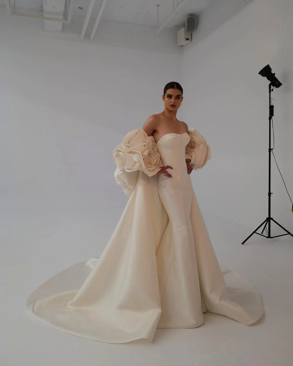 Ivory  Satin Mermaid Wedding Dress 3D Giant Rose Floral With Veil  SW661