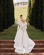 Ivory  Satin Mermaid Wedding Dress 3D Giant Rose Floral With Veil  SW661