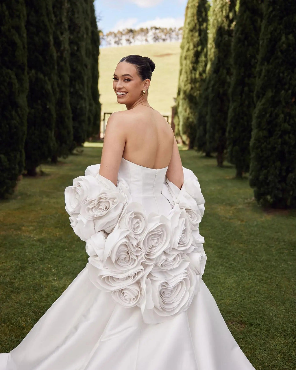 Ivory  Satin Mermaid Wedding Dress 3D Giant Rose Floral With Veil  SW661