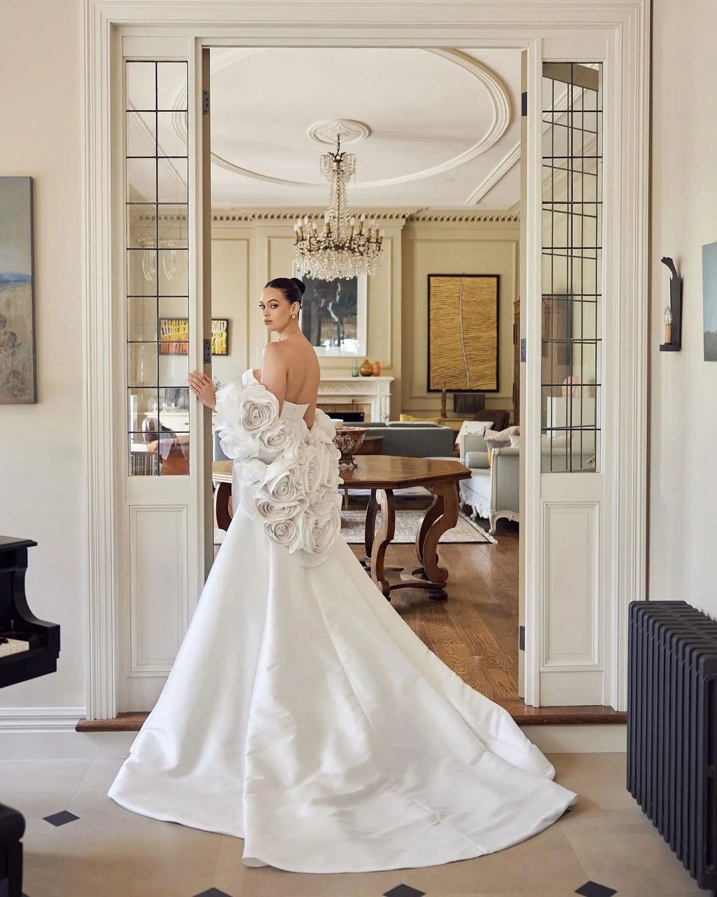 Ivory  Satin Mermaid Wedding Dress 3D Giant Rose Floral With Veil  SW661