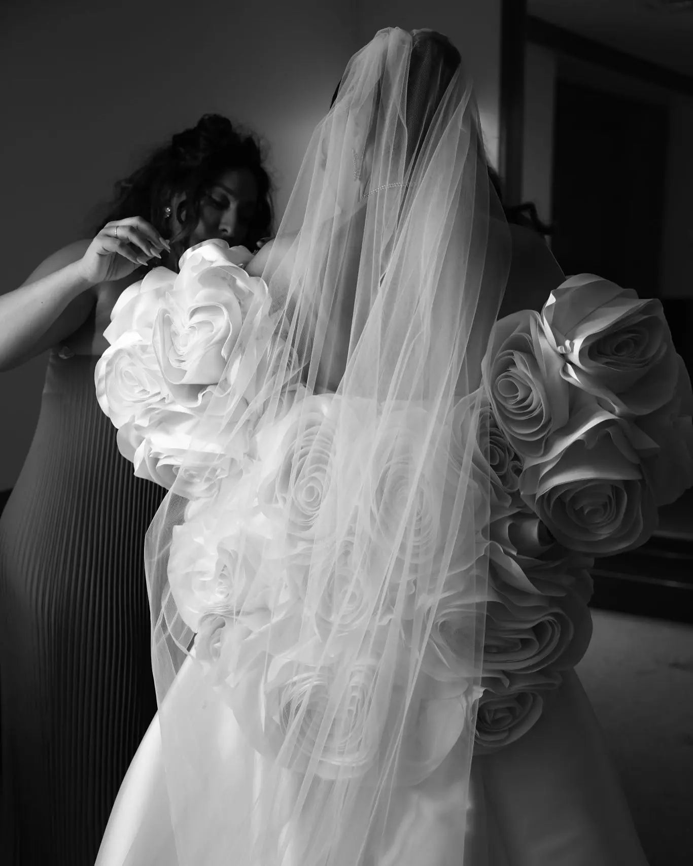 Ivory  Satin Mermaid Wedding Dress 3D Giant Rose Floral With Veil  SW661