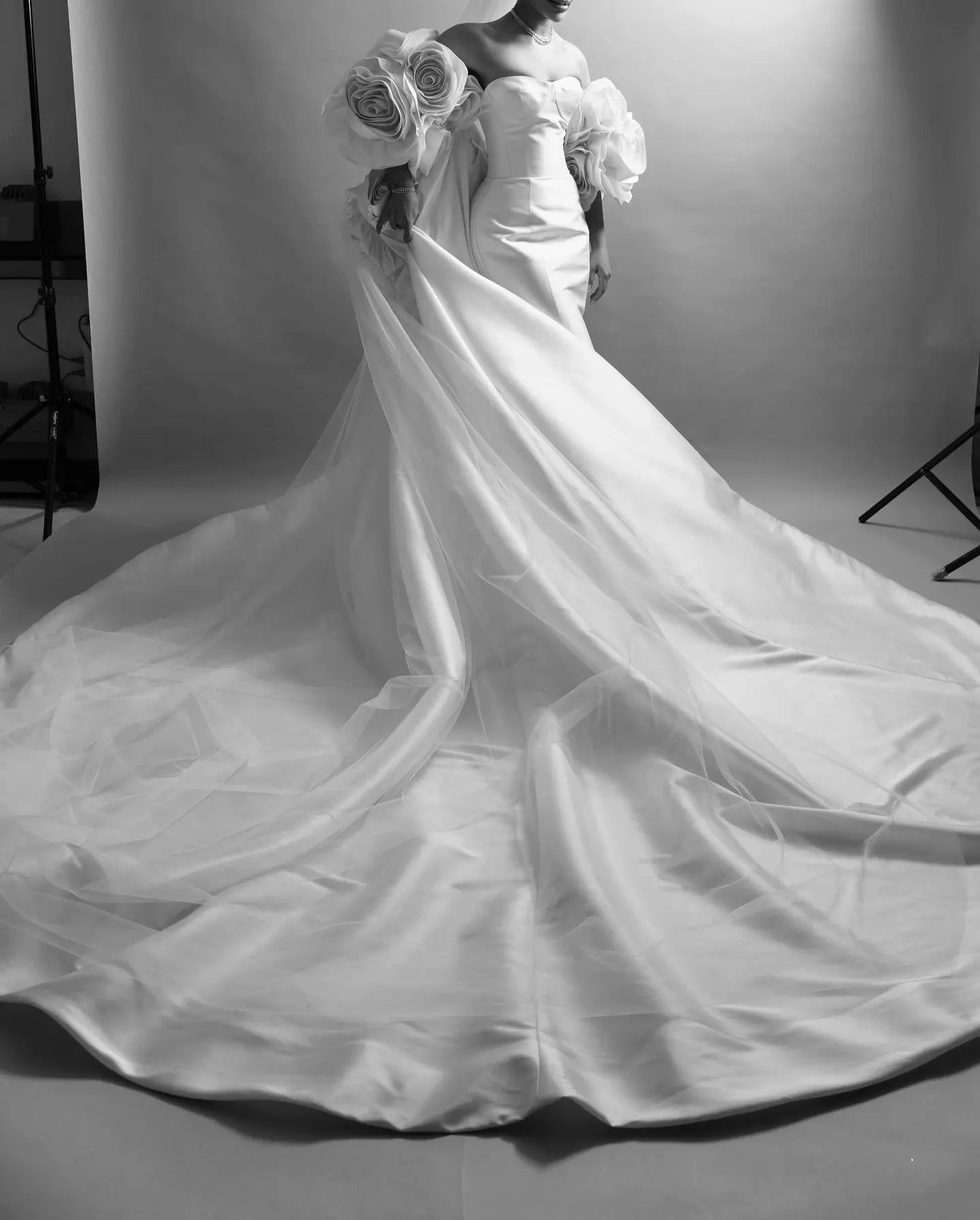 Ivory  Satin Mermaid Wedding Dress 3D Giant Rose Floral With Veil  SW661