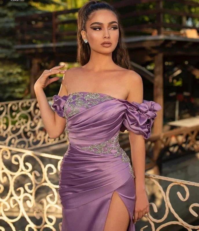 Noble Off The Shoulder Ruffles Purple Split Mermaid Evening Dresses by misshow.com