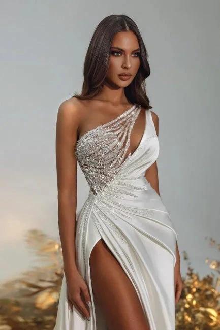 Noble one shoulder sleeveless a-line sequined satin Evening dresses by misshow.com