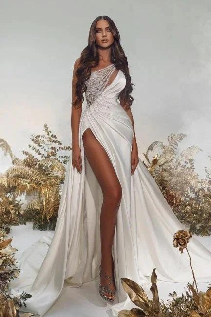 Noble one shoulder sleeveless a-line sequined satin Evening dresses by misshow.com