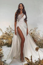 Noble one shoulder sleeveless a-line sequined satin Evening dresses by misshow.com