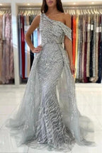 Noble oneshoulder sleeveless mermaid lace prom dress sequied by misshow.com