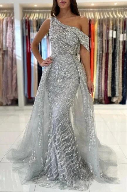 Noble oneshoulder sleeveless mermaid lace prom dress sequied by misshow.com