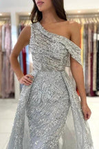 Noble oneshoulder sleeveless mermaid lace prom dress sequied by misshow.com