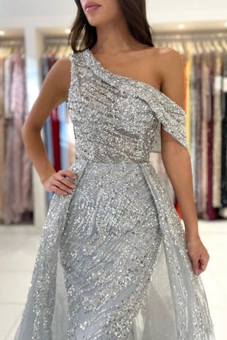 Noble oneshoulder sleeveless mermaid lace prom dress sequied