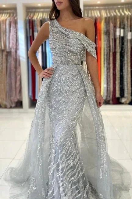 Noble oneshoulder sleeveless mermaid lace prom dress sequied by misshow.com