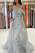 Noble oneshoulder sleeveless mermaid lace prom dress sequied by misshow.com