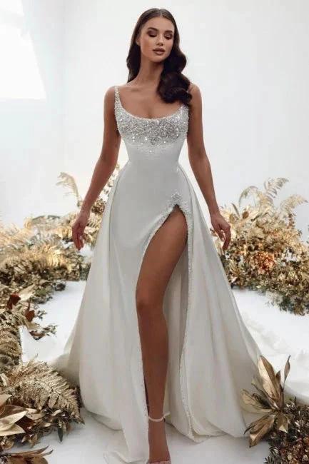 Noble square sleeveless a-line satin Wedding dress with pearls by misshow.com