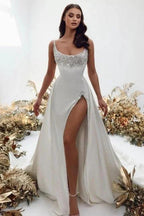 Noble square sleeveless a-line satin Wedding dress with pearls by misshow.com