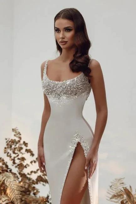 Noble square sleeveless a-line satin Wedding dress with pearls by misshow.com