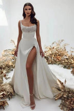 Noble square sleeveless a-line satin Wedding dress with pearls by misshow.com