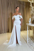 Noble sweetheart cap sleeves column satin prom dresses split front by misshow.com