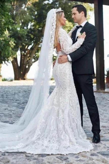 Noble vneck longsleeves mermaid lace Wedding dresses by misshow.com