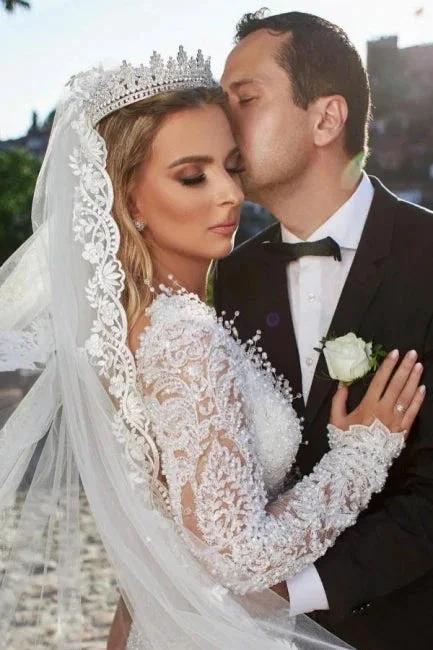 Noble vneck longsleeves mermaid lace Wedding dresses by misshow.com