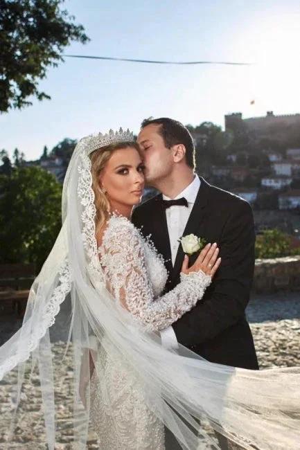 Noble vneck longsleeves mermaid lace Wedding dresses by misshow.com