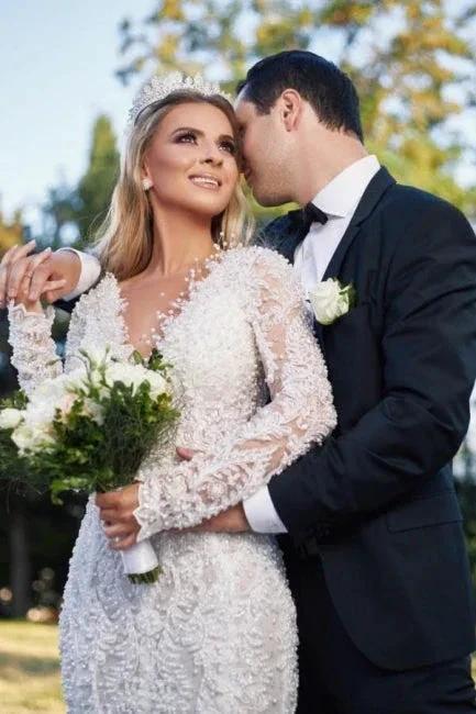 Noble vneck longsleeves mermaid lace Wedding dresses by misshow.com