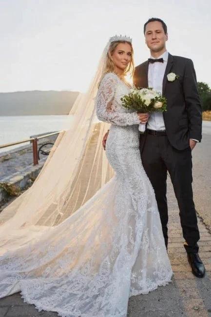 Noble vneck longsleeves mermaid lace Wedding dresses by misshow.com