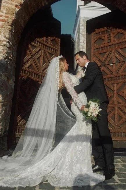 Noble vneck longsleeves mermaid lace Wedding dresses by misshow.com