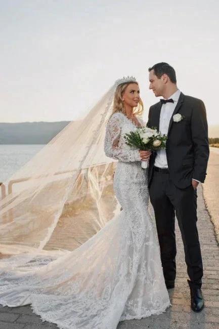 Noble vneck longsleeves mermaid lace Wedding dresses by misshow.com