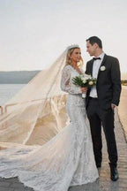 Noble vneck longsleeves mermaid lace Wedding dresses by misshow.com