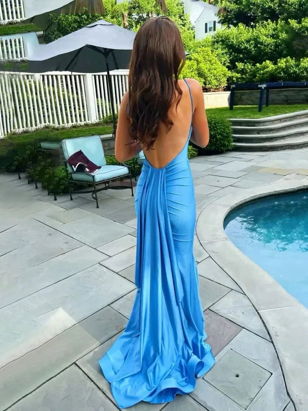 Noel | Blue Spaghetti Straps Mermaid Satin Backless Long Prom Dress by KissProm