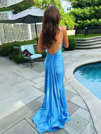 Noel | Blue Spaghetti Straps Mermaid Satin Backless Long Prom Dress by KissProm