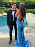Noel | Blue Spaghetti Straps Mermaid Satin Backless Long Prom Dress by KissProm