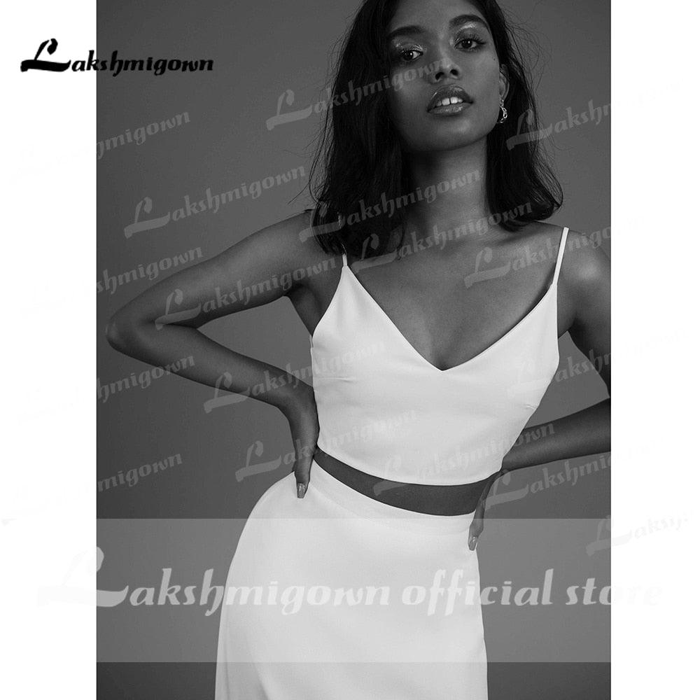 Simple Two Piece Wedding Dresses Beach Bridal Dresses Floor Length Satin Outfit Reception Gowns Spaghetti Straps