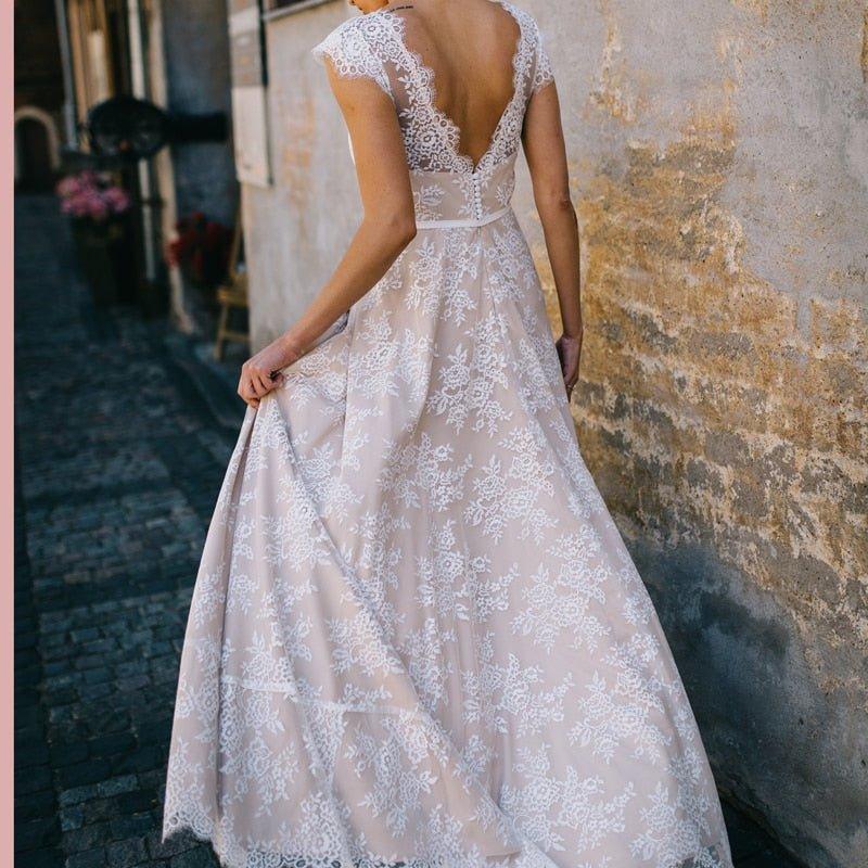 Vintage Champagne Lace Bohemian Wedding Dress A Line Cap Sleeve