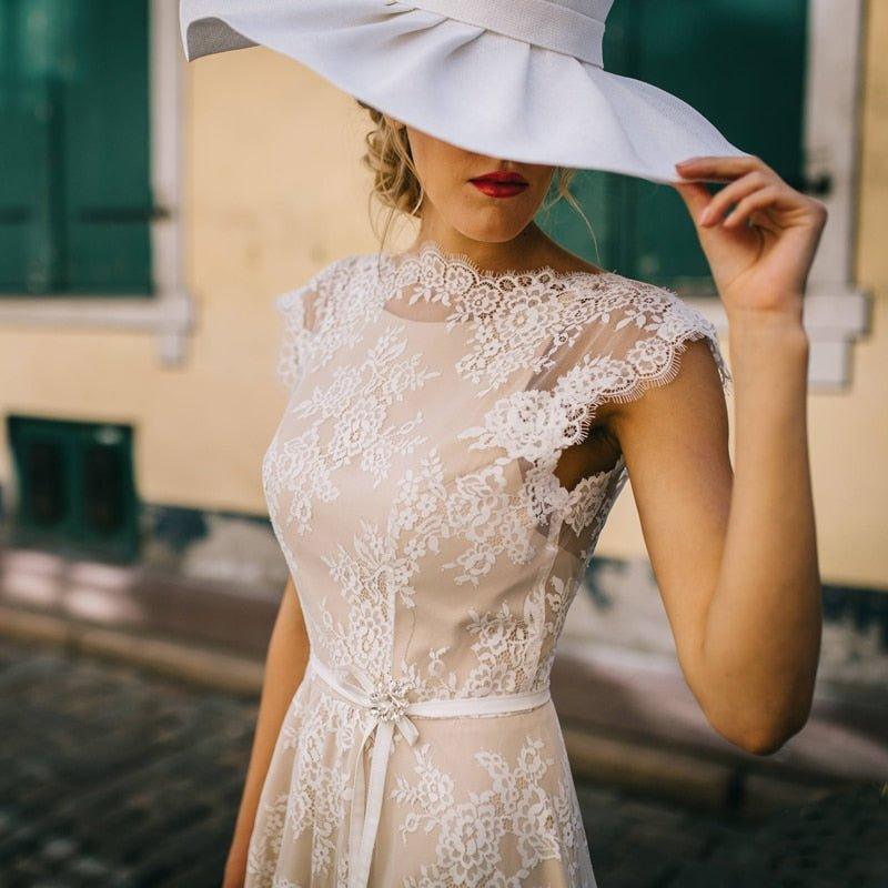Vintage Champagne Lace Bohemian Wedding Dress A Line Cap Sleeve