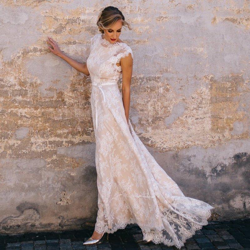Vintage Champagne Lace Bohemian Wedding Dress A Line Cap Sleeve