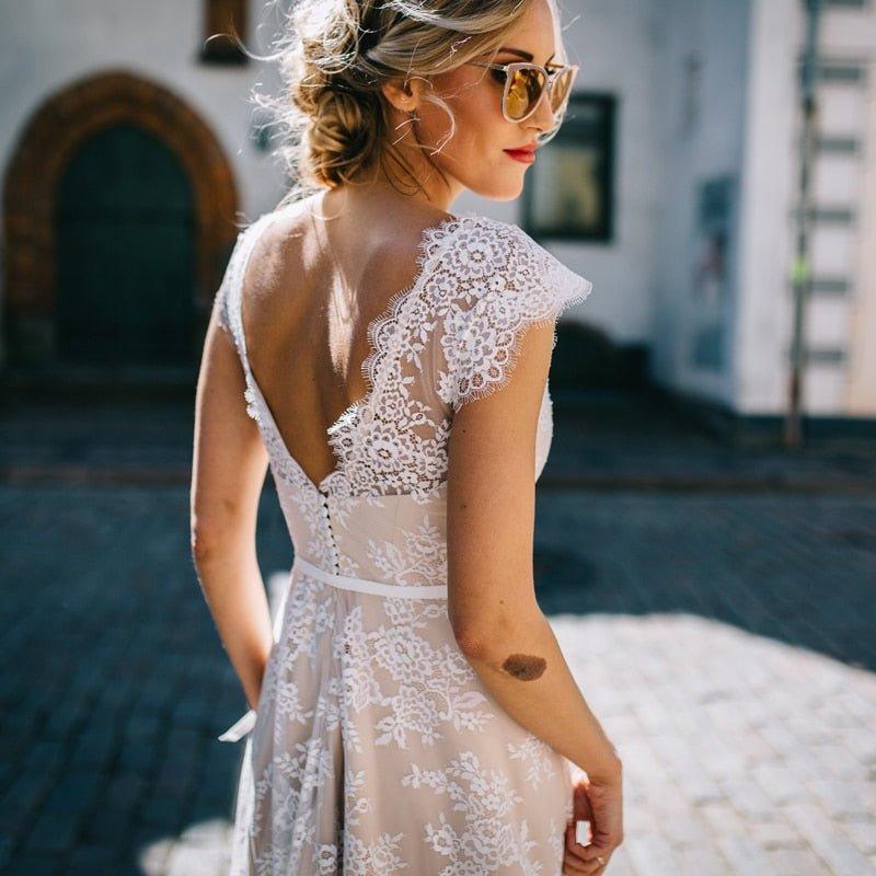 Vintage Champagne Lace Bohemian Wedding Dress A Line Cap Sleeve