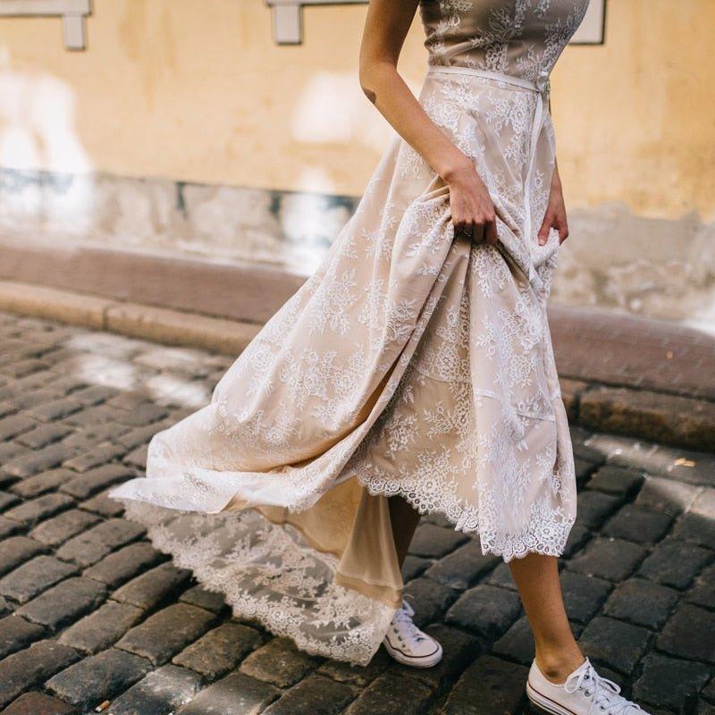Vintage Champagne Lace Bohemian Wedding Dress A Line Cap Sleeve