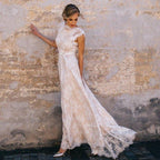 Vintage Champagne Lace Bohemian Wedding Dress A Line Cap Sleeve