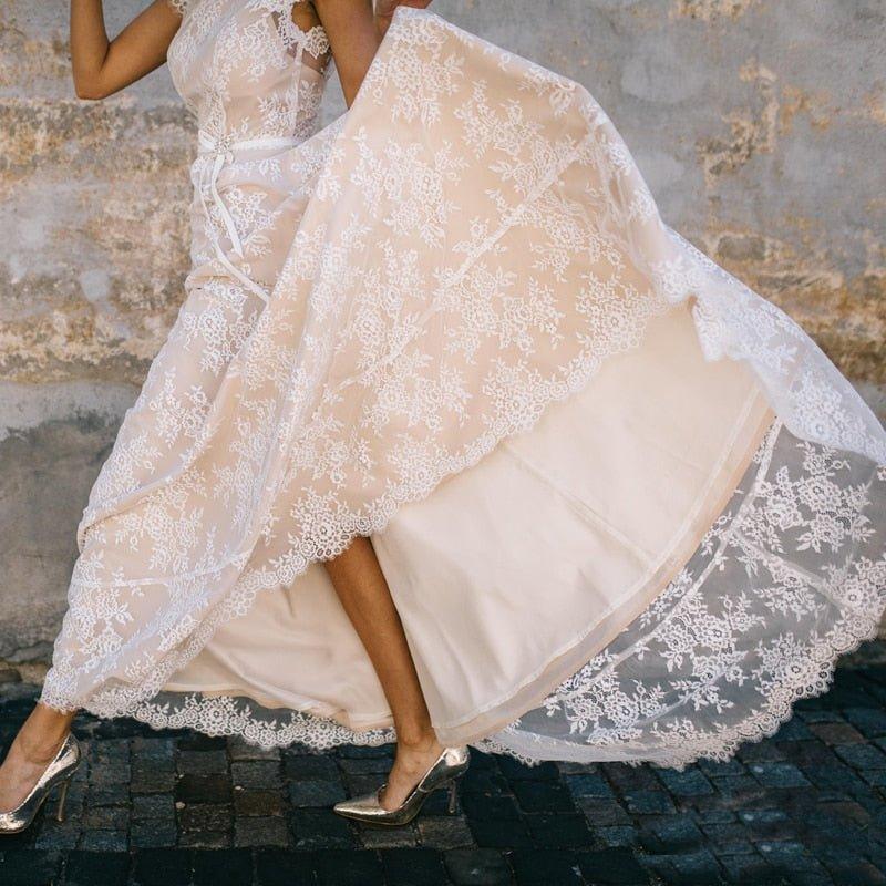 Vintage Champagne Lace Bohemian Wedding Dress A Line Cap Sleeve