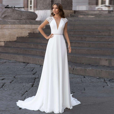 Abiti Donna Modest Bridal A-Linie Brautkleid Sommer 2025 Schlichtes V-Ausschnitt Rückenfreies Strandbrautkleid Lange Schleppe