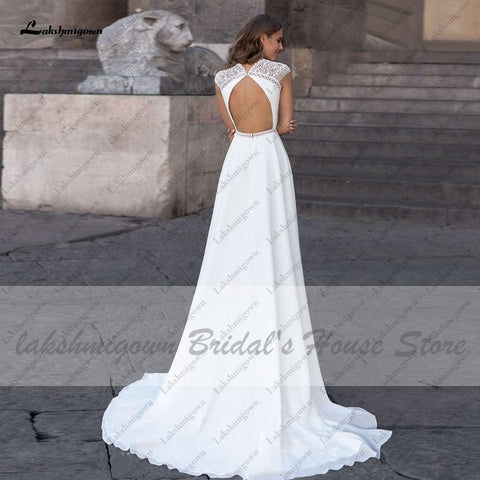 Abiti Donna Modest Bridal A-Linie Brautkleid Sommer 2025 Schlichtes V-Ausschnitt Rückenfreies Strandbrautkleid Lange Schleppe