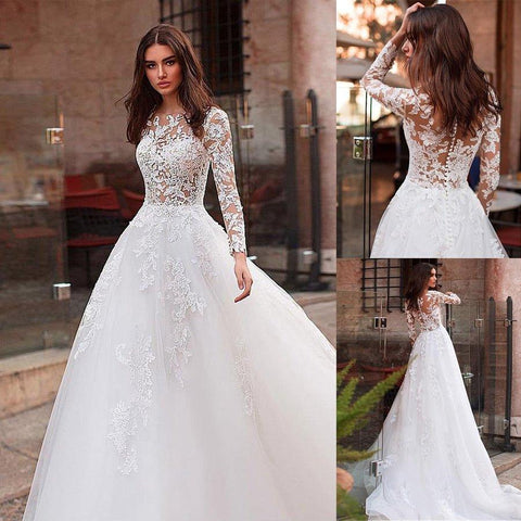 Sunnderly Attraktives A-Linien-Brautkleid aus Tüll mit juwelenförmigem Ausschnitt, durchsichtigem Oberteil, Spitzenapplikationen und Perlenbesatz und langen Ärmeln