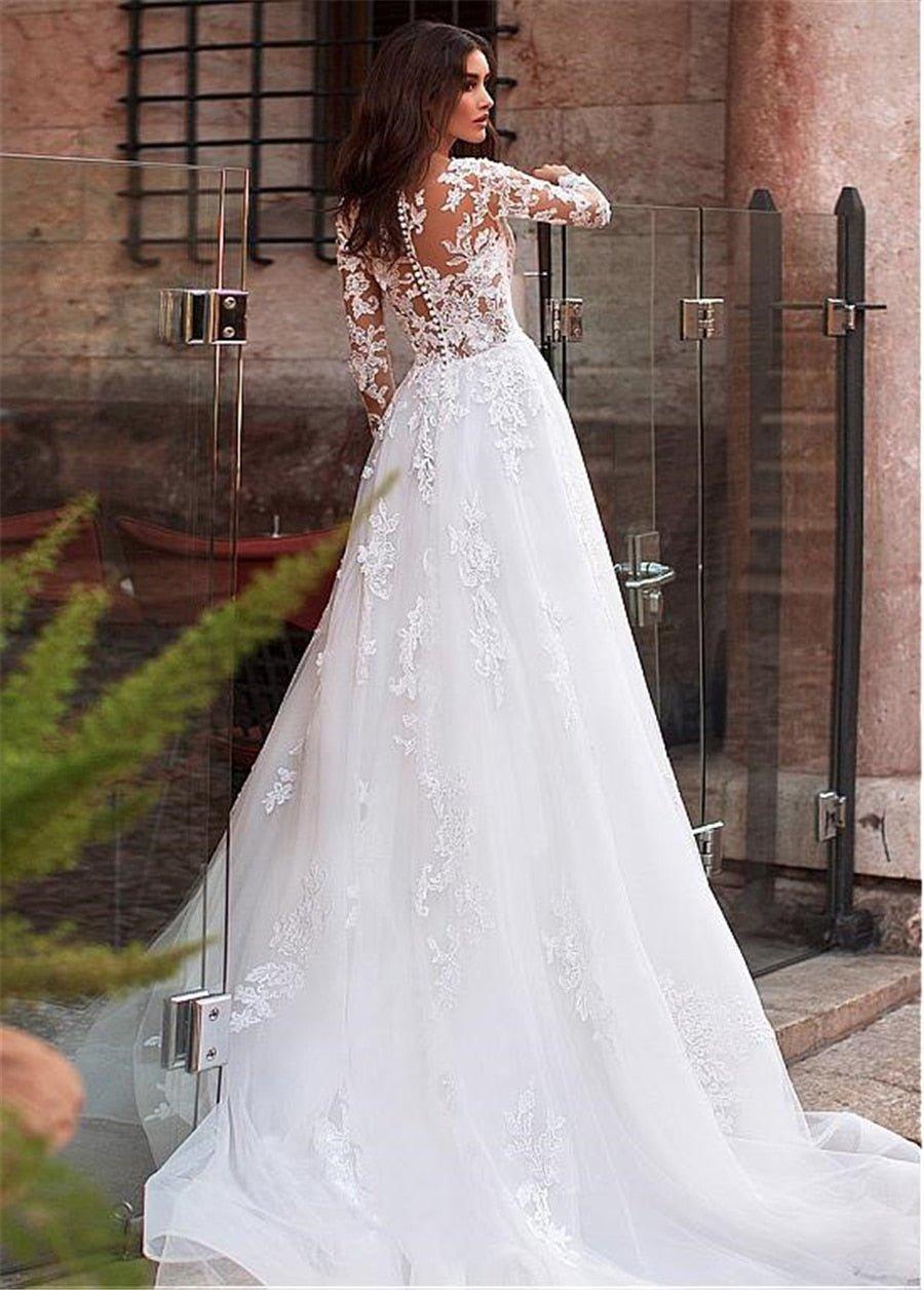 Attractive Tulle Jewel Neckline See-through Bodice A-line Wedding Dress With Lace Appliques & Beadings Long Sleeves Bridal Dress