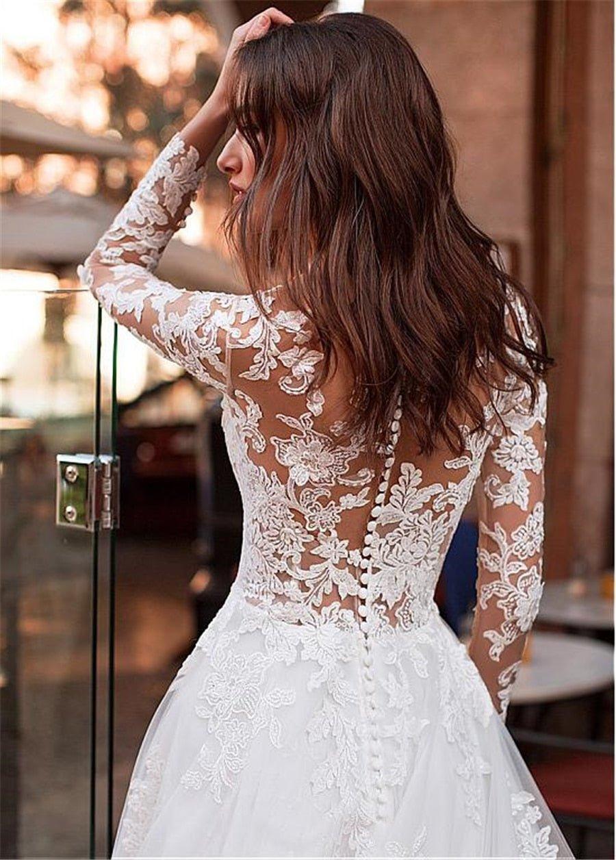 Attractive Tulle Jewel Neckline See-through Bodice A-line Wedding Dress With Lace Appliques & Beadings Long Sleeves Bridal Dress