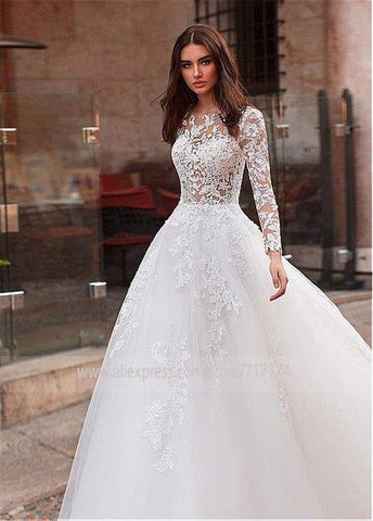 Sunnderly Attraktives A-Linien-Brautkleid aus Tüll mit juwelenförmigem Ausschnitt, durchsichtigem Oberteil, Spitzenapplikationen und Perlenbesatz und langen Ärmeln