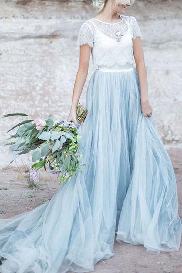 Blue Tulle Lace Top A-line Short Sleeves Wedding Dresses, Bridal Gown